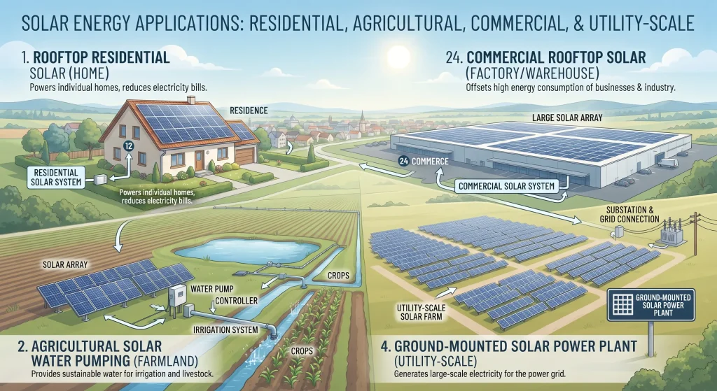 Illustration of solar energy applications in Pakistan, including residential rooftop solar panels, agricultural solar water pumping, commercial rooftop systems, and utility-scale solar farms.
