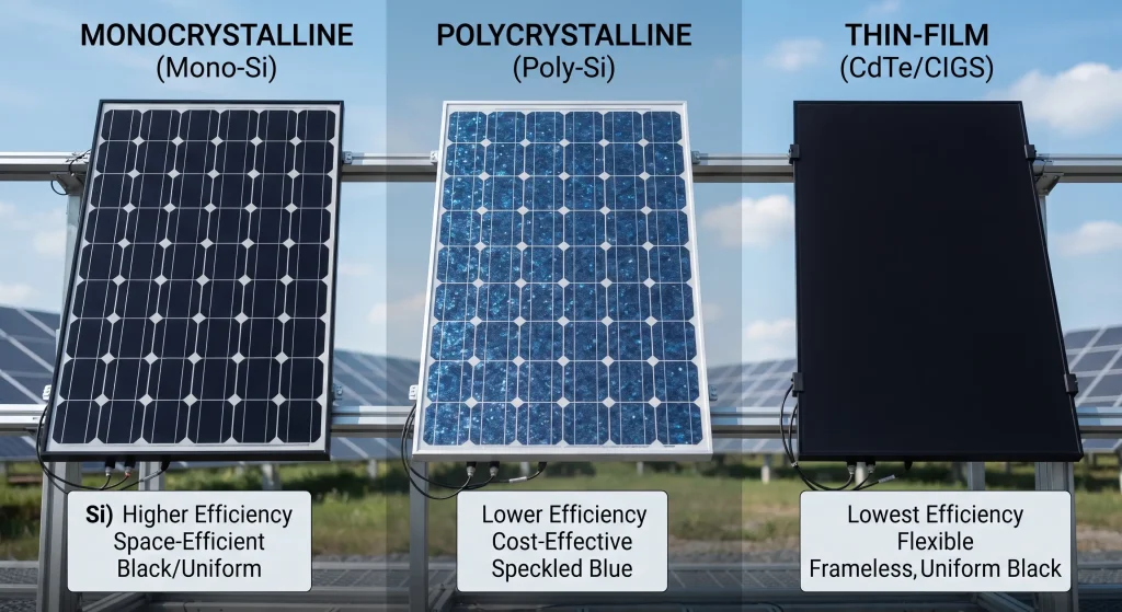 Side-by-side comparison of monocrystalline, polycrystalline, and thin-film solar panels showing their different appearances.